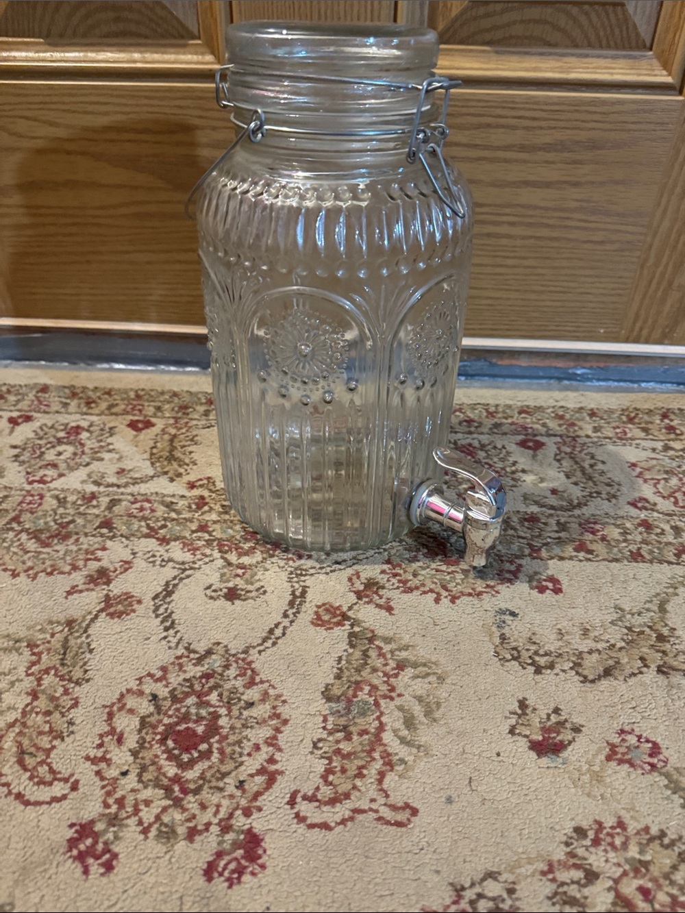 Clear Glass Drink Dispenser with Decorative Embossing and Chrome Spigot